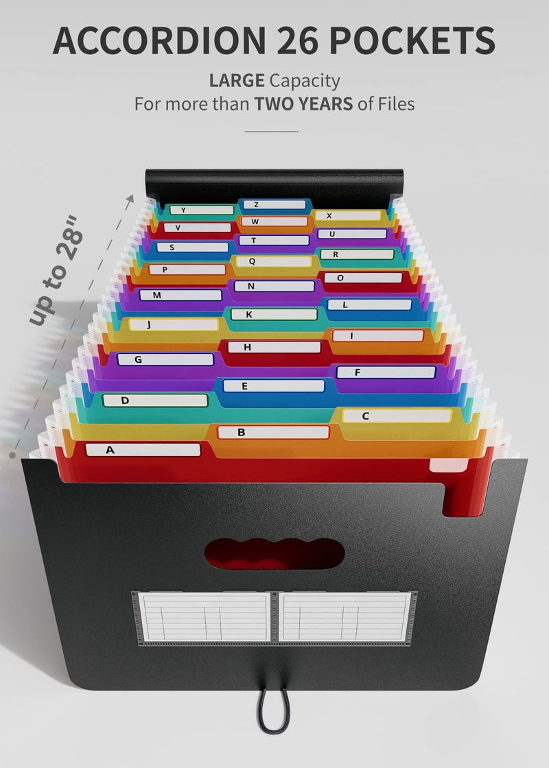 ABC life 26 Pockets Expanding File Folder, Letter A4 Accordion File Organizer, 3 Tab File Folder, Portable Monthly Paper Bill Tax Receipt Organizer with Colorful A-Z Alphabetical Tabs - Black - Image 2